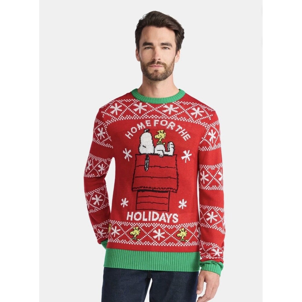 Peanuts Snoopy Men's Holiday Ugly Christmas Sweater Red Green Size S